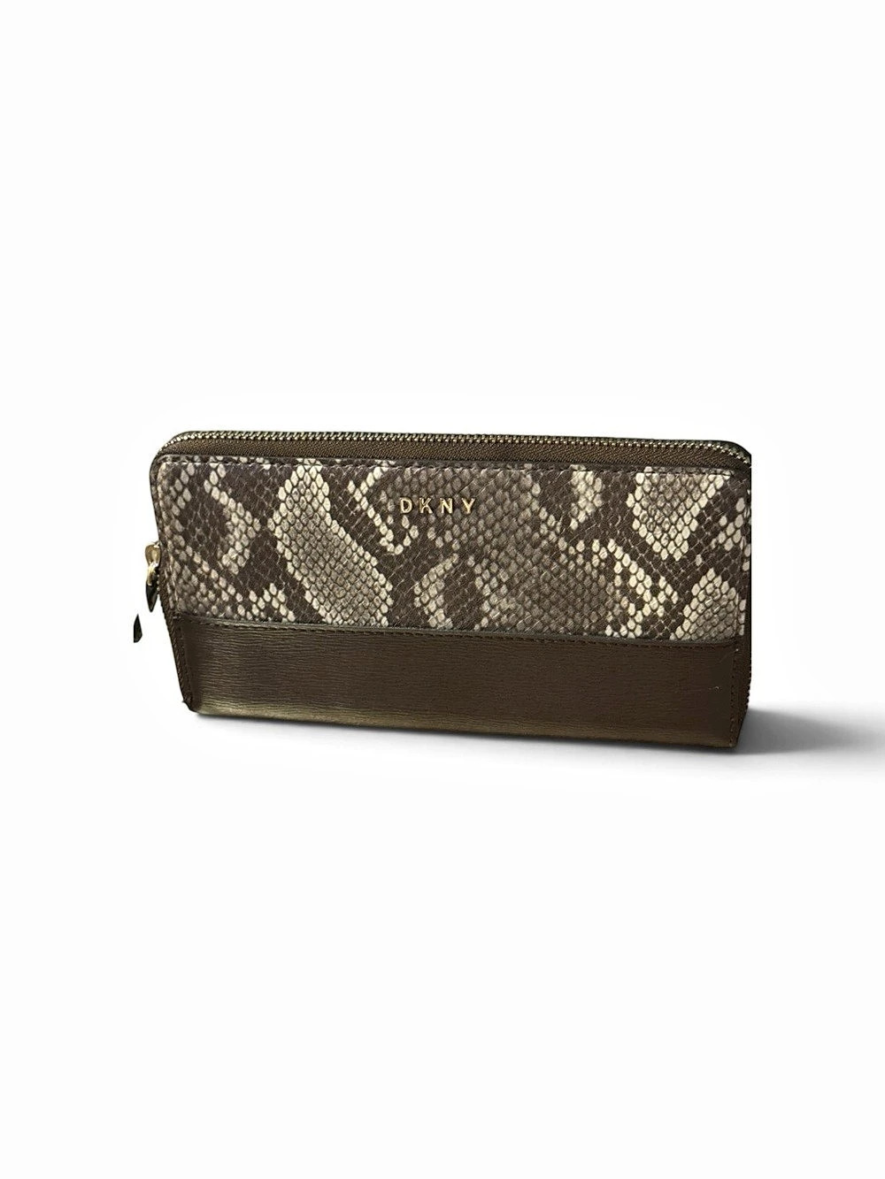 DKNY Snake Print Zip-Around Wallet in Brown & Beige